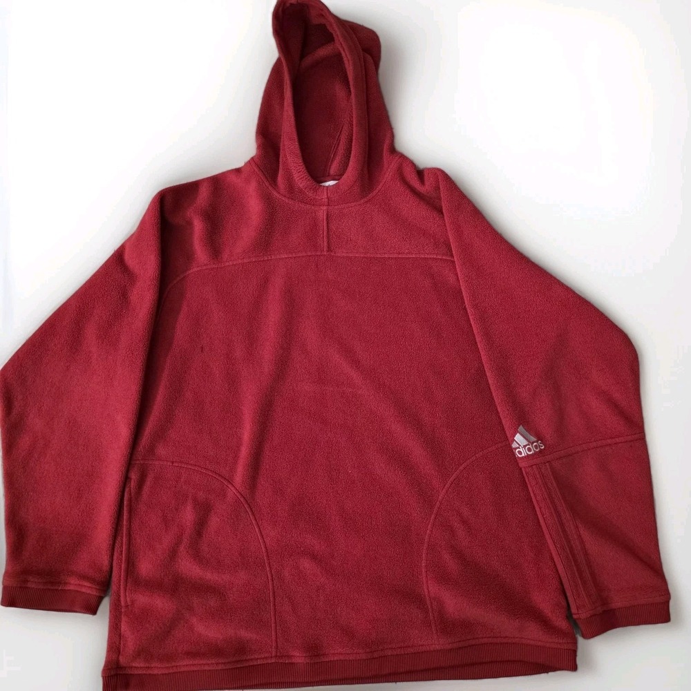 Adidas Fleece Hoodie Pullover Men's Large Red Hooded Sweatshirt Kangaroo Pocket